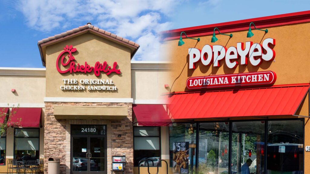 comparison image of chick fila and popeyes chicken fast food companies